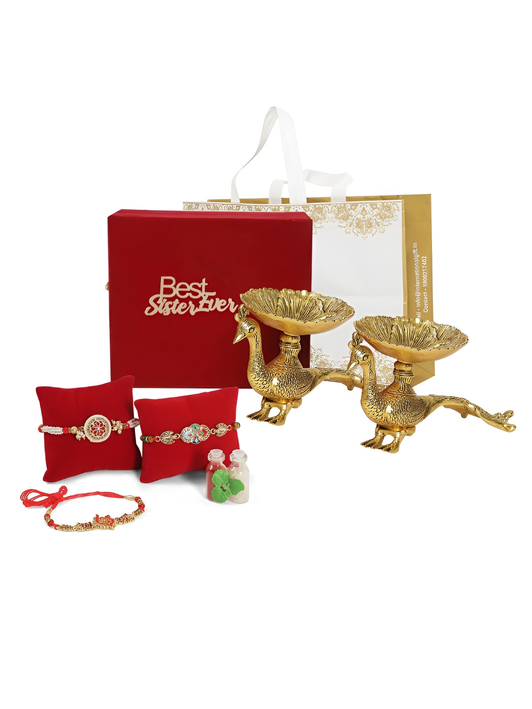 INTERNATIONAL GIFT Set Of 3 Rakhi Gift Set with Golden Peacock Bowl Showpiece