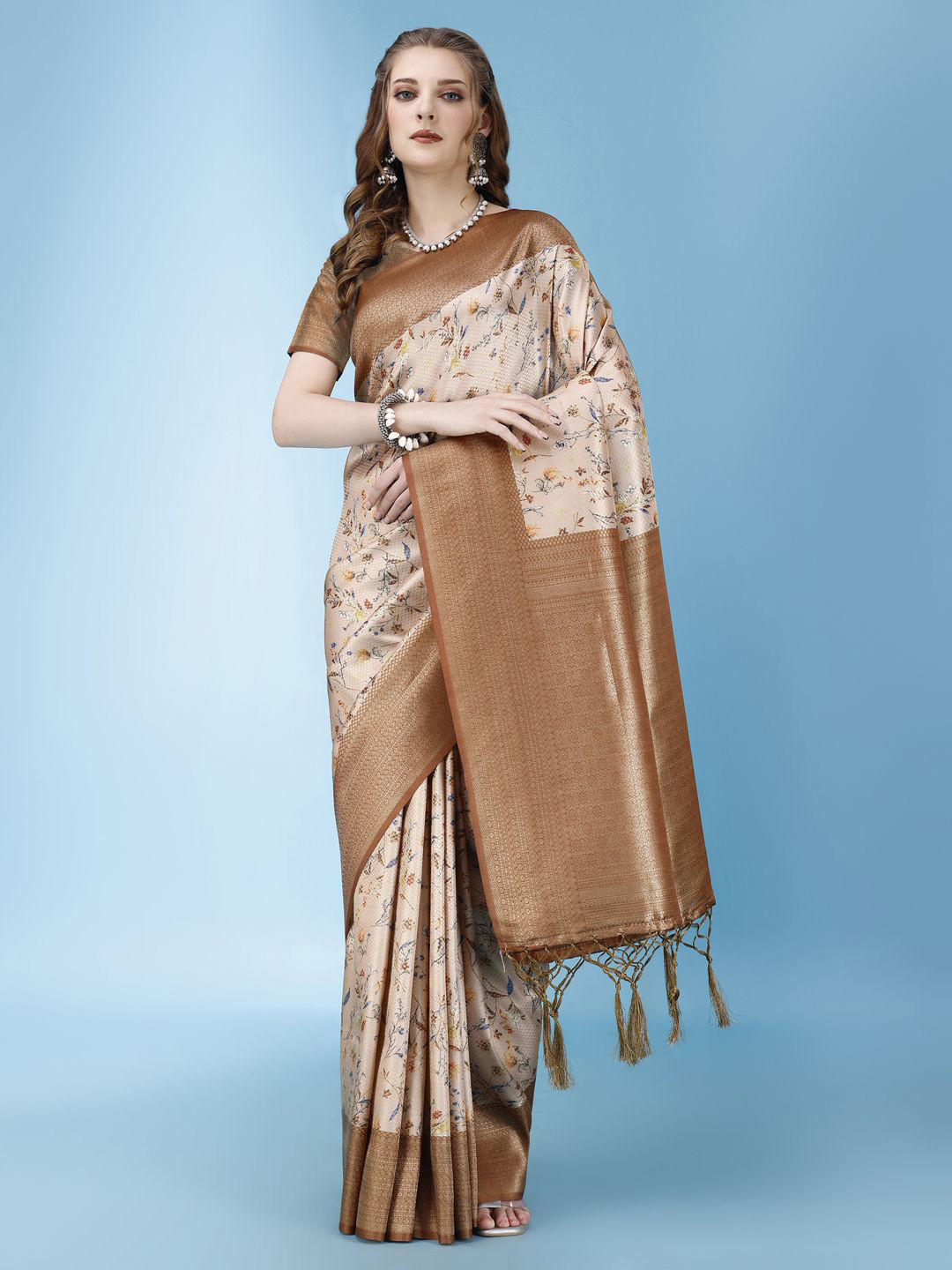 Nigel Designer Printed Silk Blend Floral Zari Silk Blend Saree