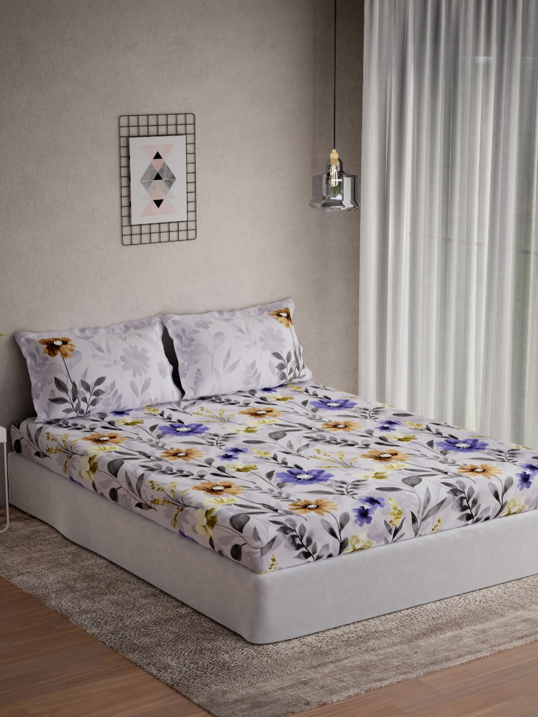 DDecor Live Beautiful Purple Floral Cotton 144 TC Queen Bedsheet with 2 Pillow Covers-87 x 93 inches