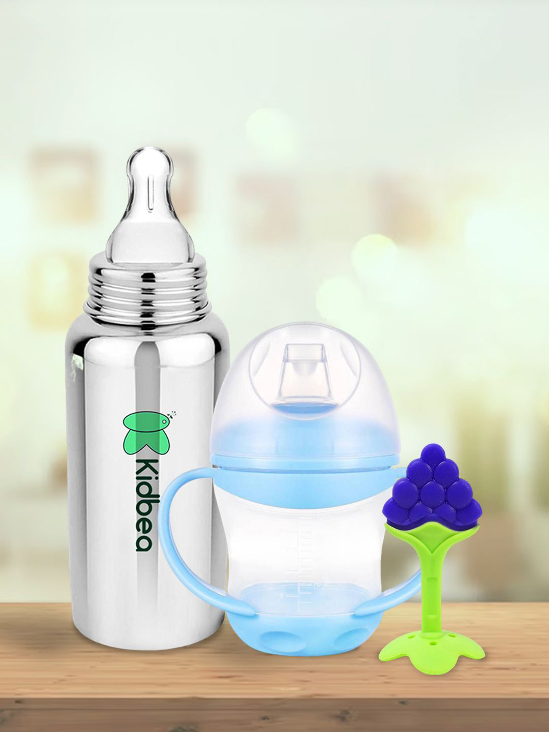 Kidbea Infant 3Pcs Blue & Purple Milk Bottle, Sipper & Teether Feeding Bottles