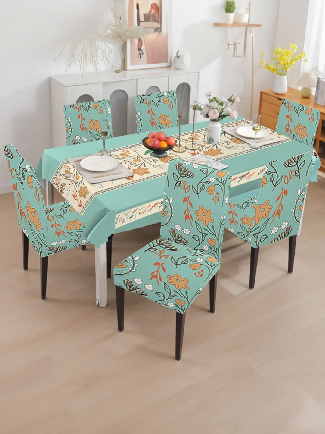 Cortina 7 Pcs Turquoise Blue & Green Printed Table Cover & Dining Chair Cover