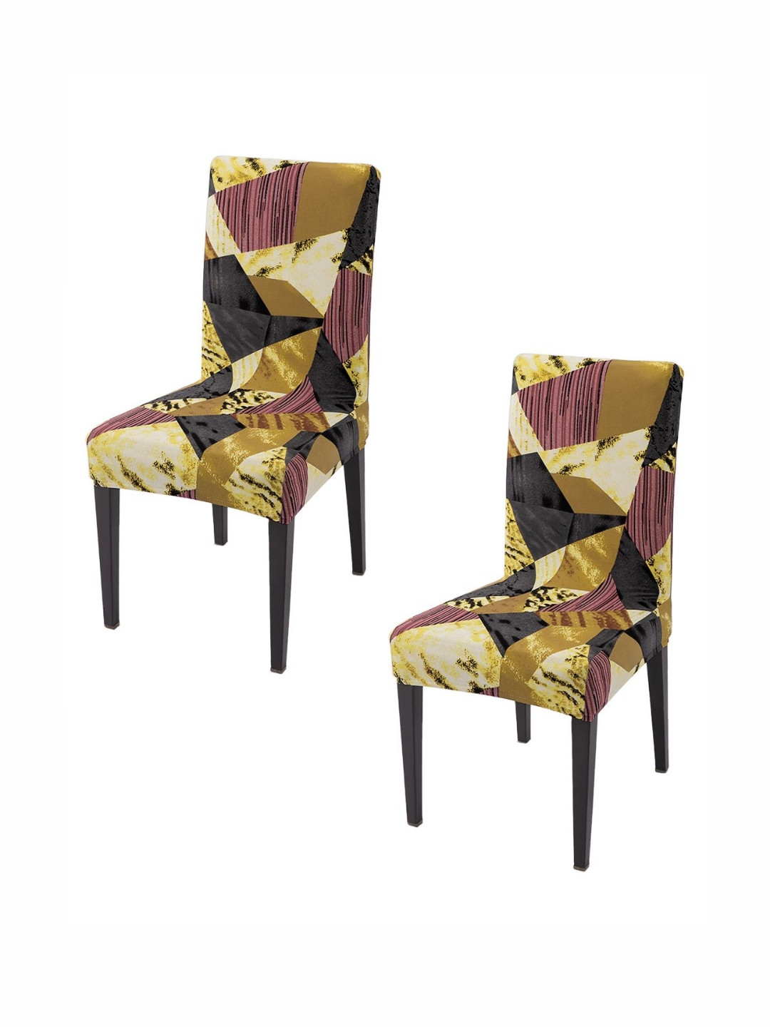 HOKIPO 2Pcs Burgundy & Mustard-Yellow Printed Chair Covers