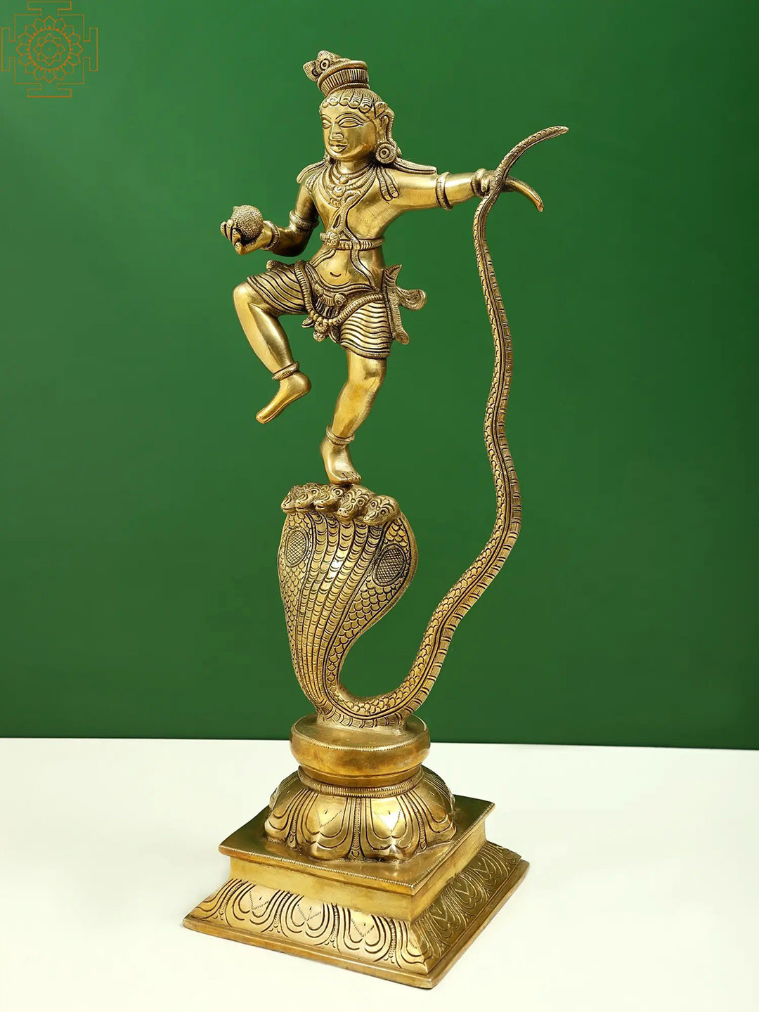 Exotic India Kaliya Krishna Gold Brass Metallic Prayer Room Large Showpiece - 18 Inches