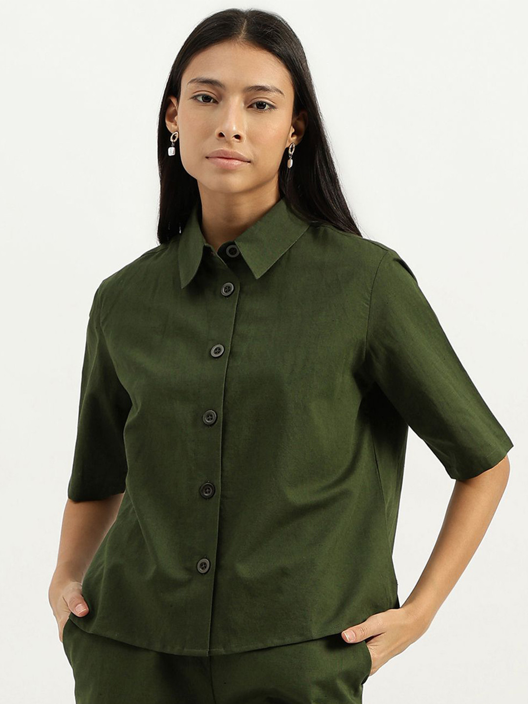 United Colors of Benetton Women Spread Collar Solid Cotton Linen Casual Shirt