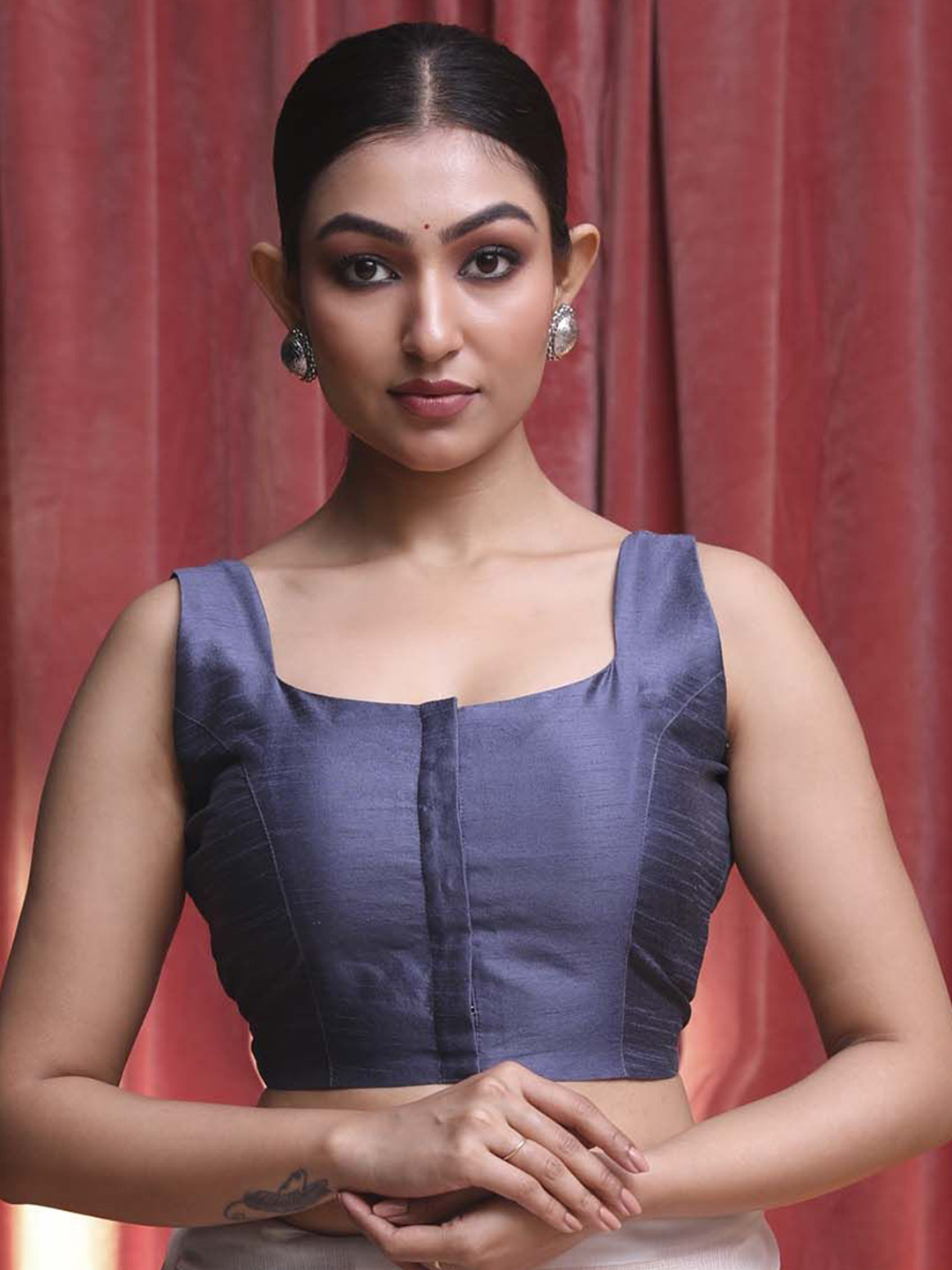 Indethnic Square Neck Raw Silk Ready Made Saree Blouse