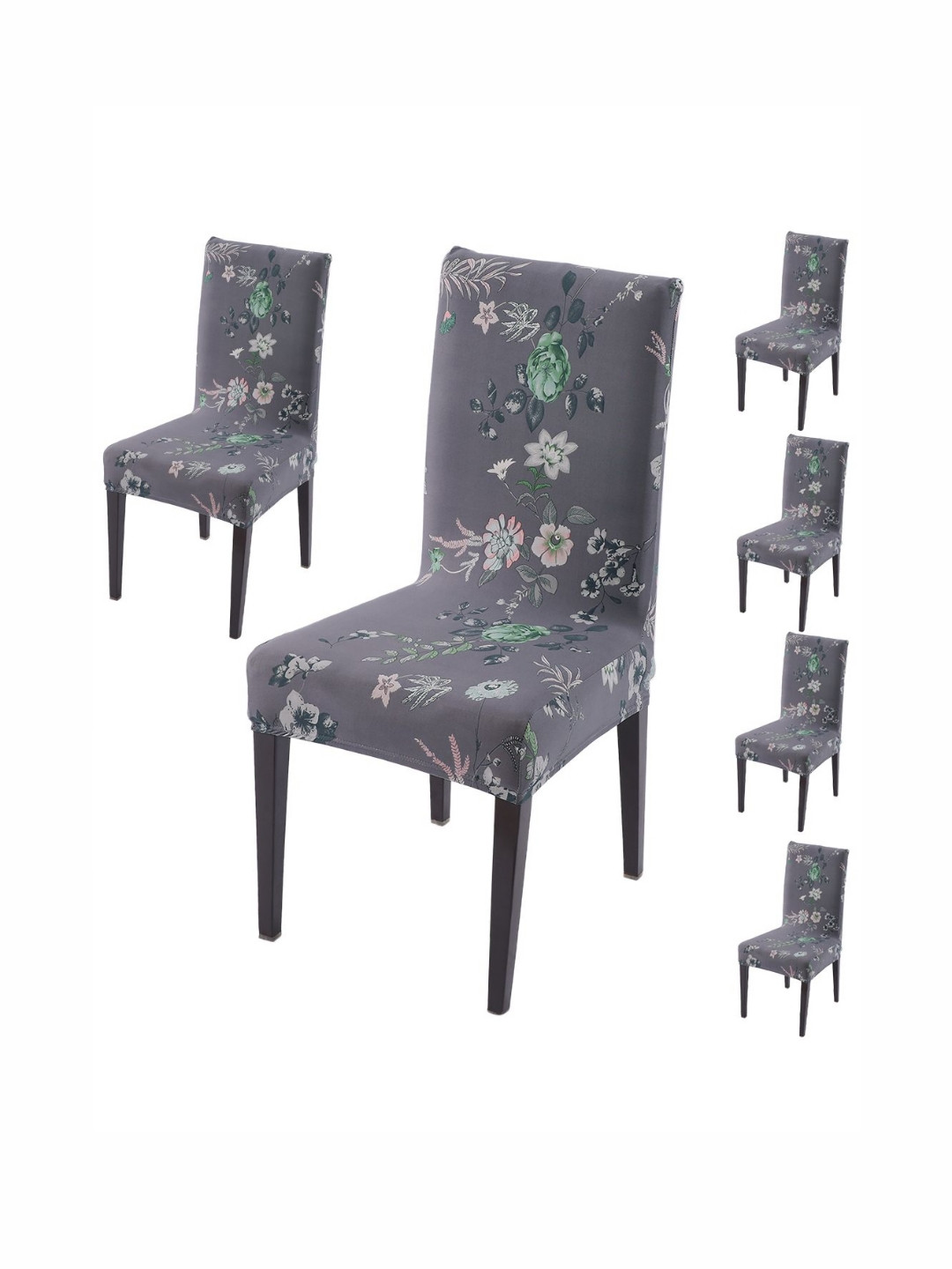 HOKIPO Set Of 6 Grey Printed Elastic 140 GSM Chair Covers