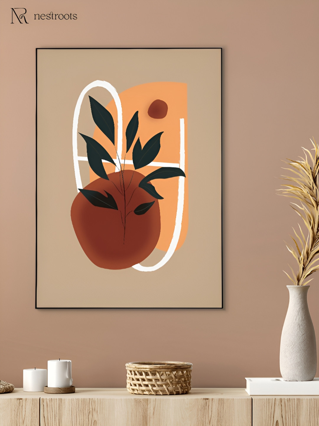 nestroots Brown & White Vibrant Floral Leaf Canvas Wall Painting