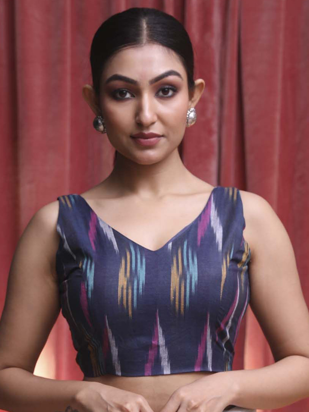 Indethnic V Neck Ikkat Cotton Saree Blouse