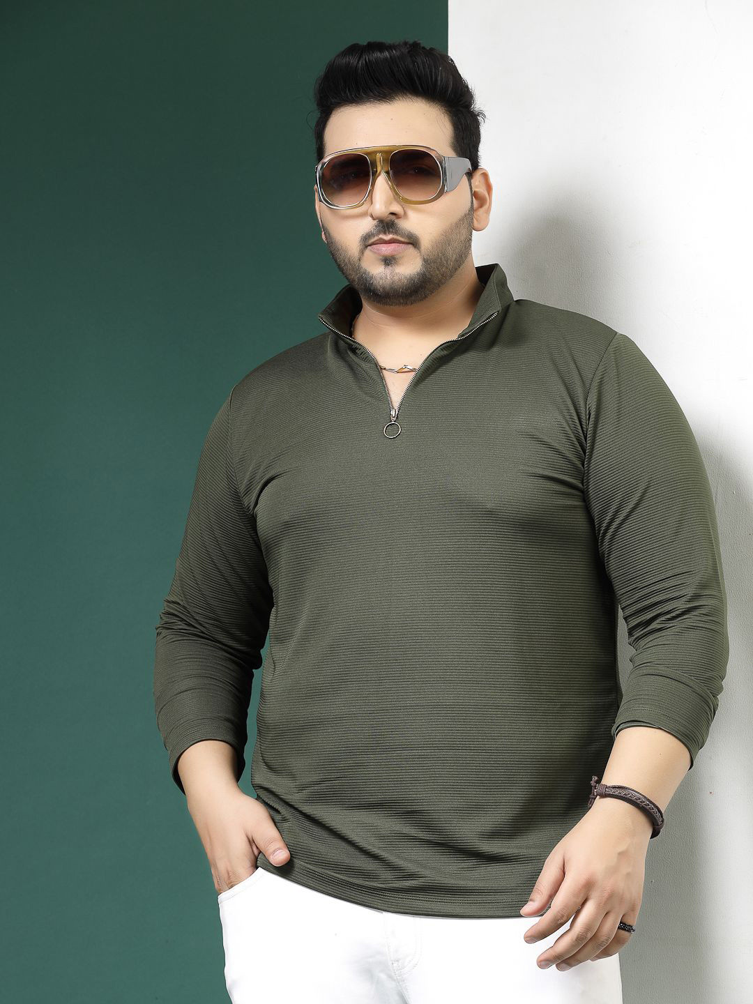 Green Plus Size Regular Fit Striped High Neck T-shirt