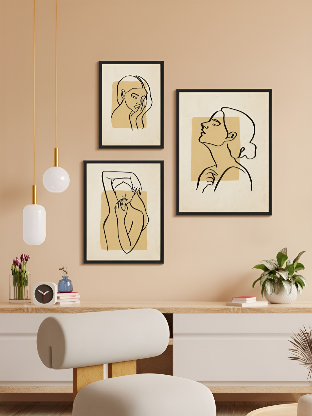 999Store Yellow & Cream-Coloured 3 Piece Paper Other Wall Paintings