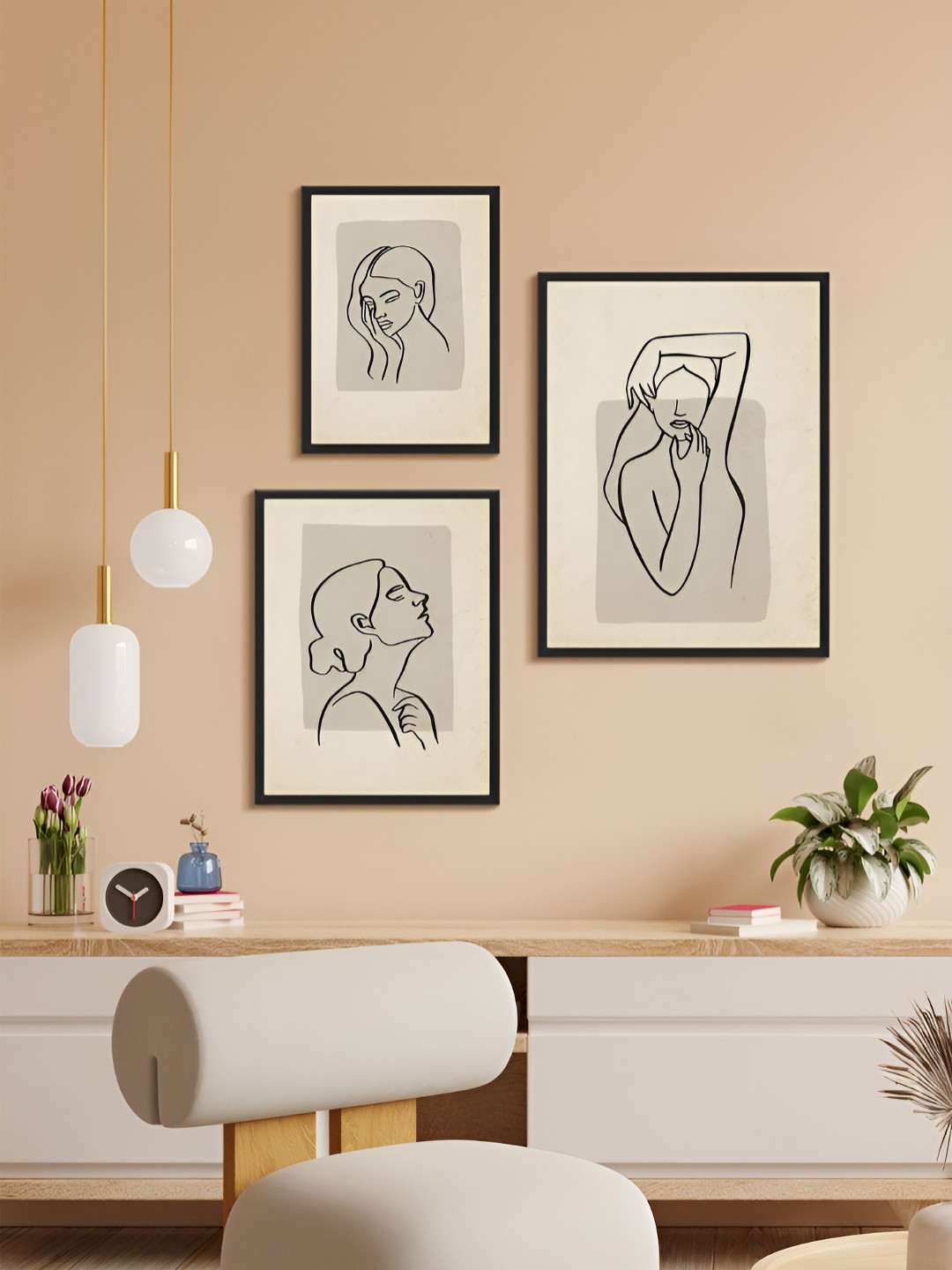 999Store Tan & Black 3 Piece Paper Other Wall Paintings