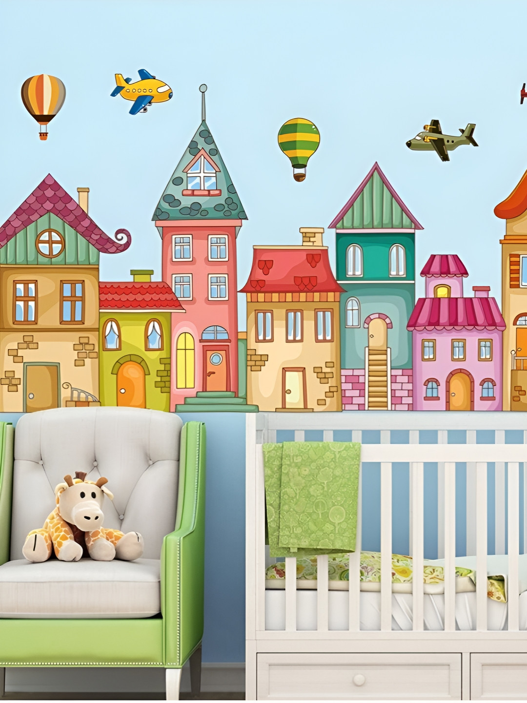 Jaamso Royals Blue & Red Cartoon Aircraft House Balloons Self-Adhesive Wall Sticker