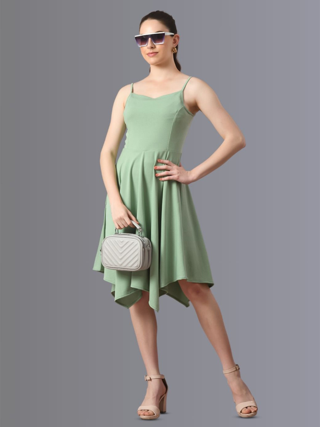 The Roadster Lifestyle Co Embellished Shoulder Strap Fit & Flared Asymetric Dress