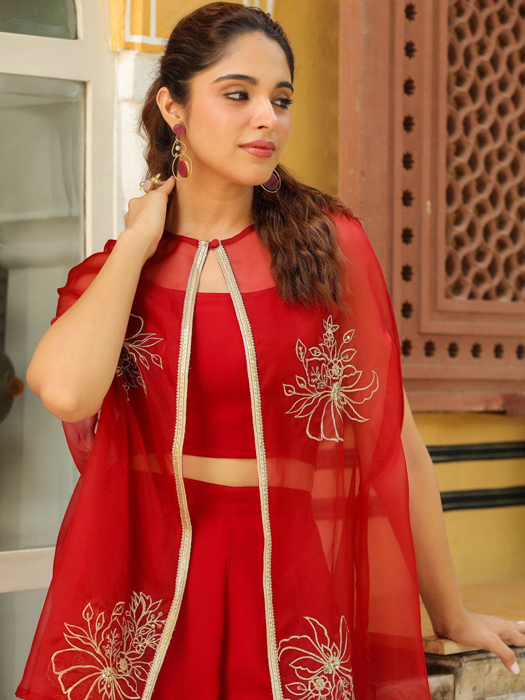 Janasya Women's Maroon Georgette Zari Embroidered Crop Top With Pant & Cape Set