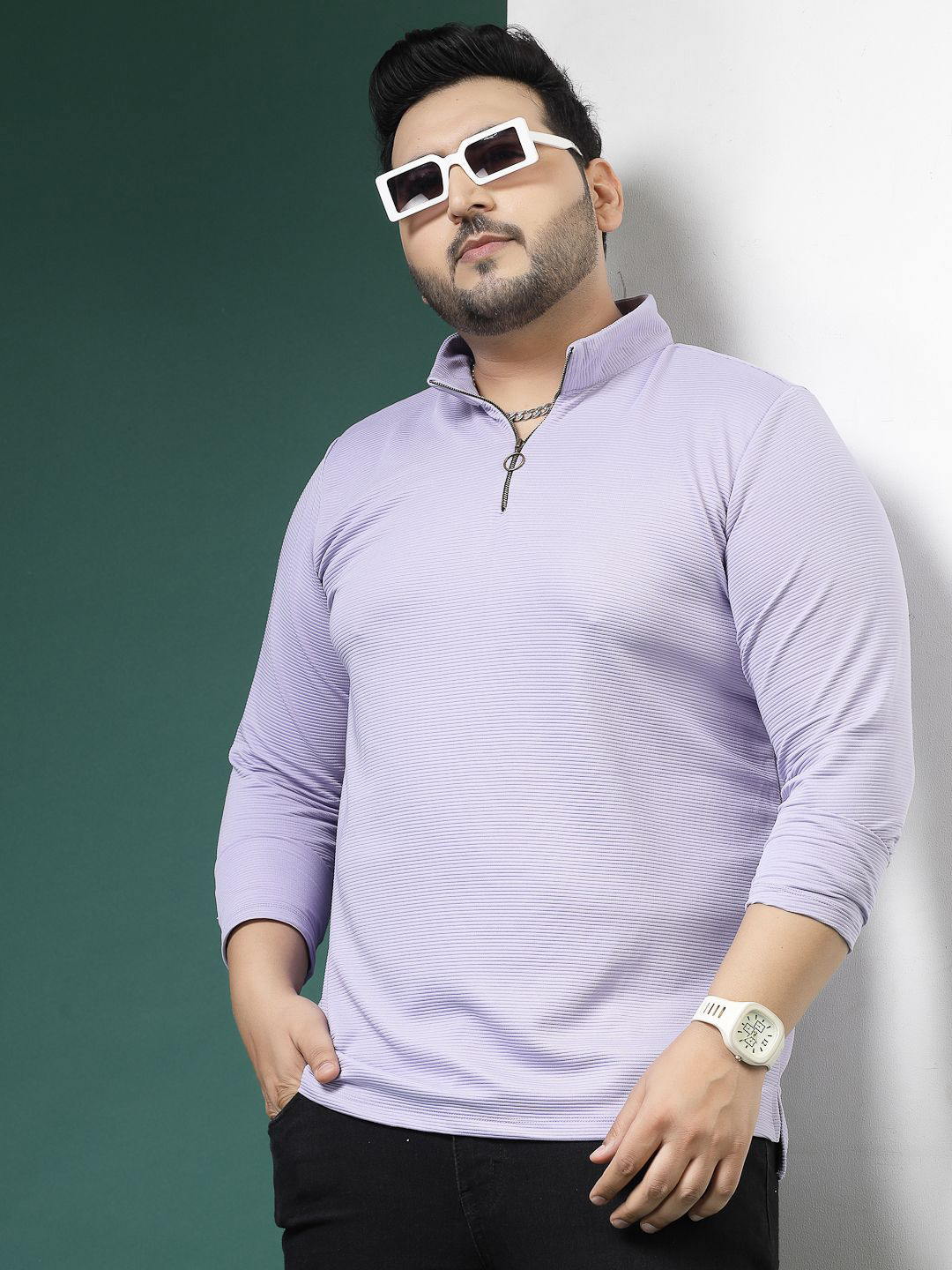 Purple Plus Size Striped High Neck Long Sleeves T-shirt