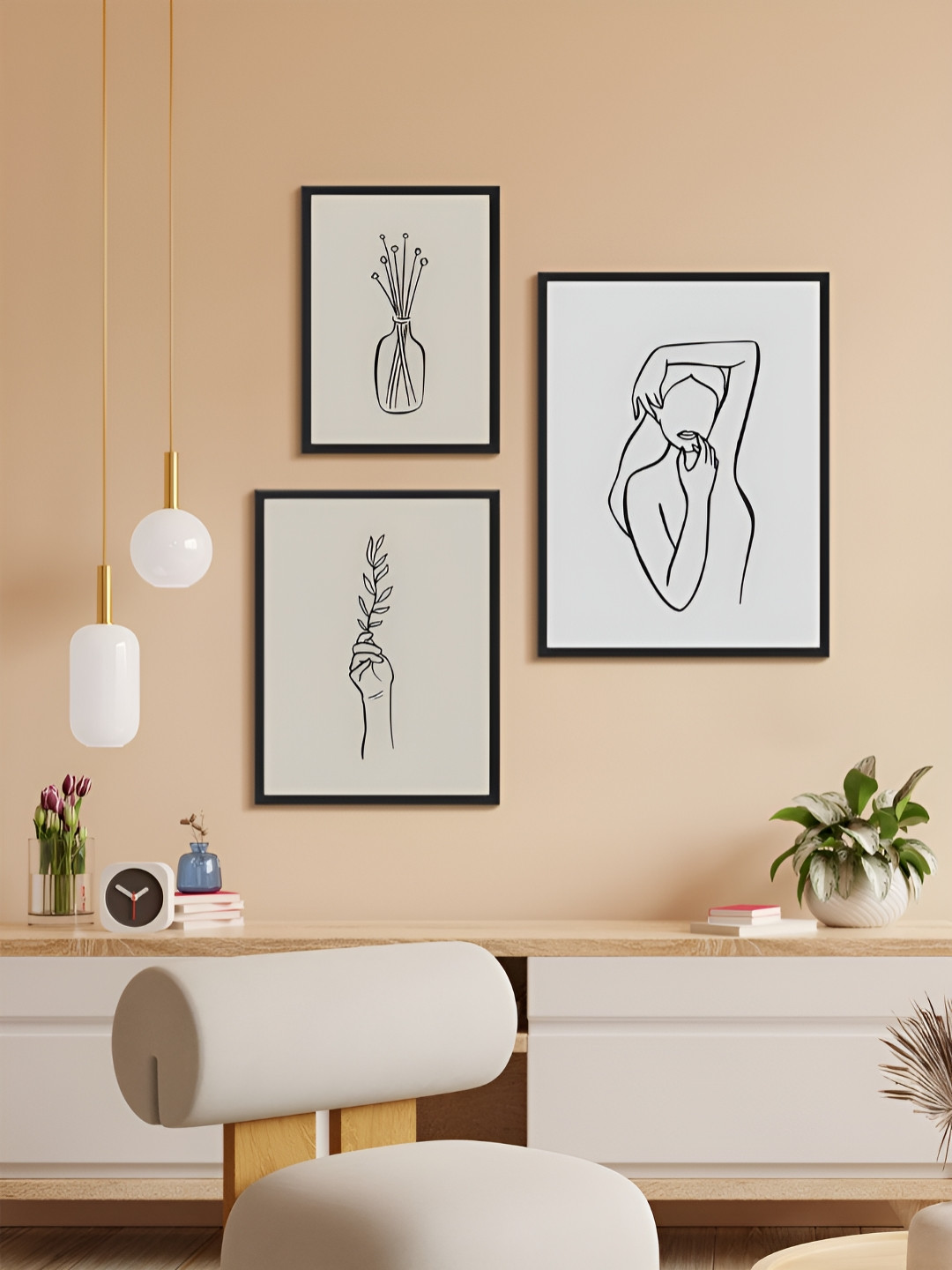 999Store Women Line Modern Art Paper 3 Pcs Wall Rectangle Paintings Wall Art