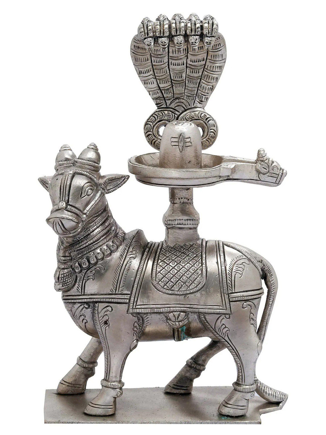 Exotic India Nandi for Abhisheka with Shiva Linga Silver Brass Metallic Prayer Room Hand Made Small Showpiece - 8.3 Inches