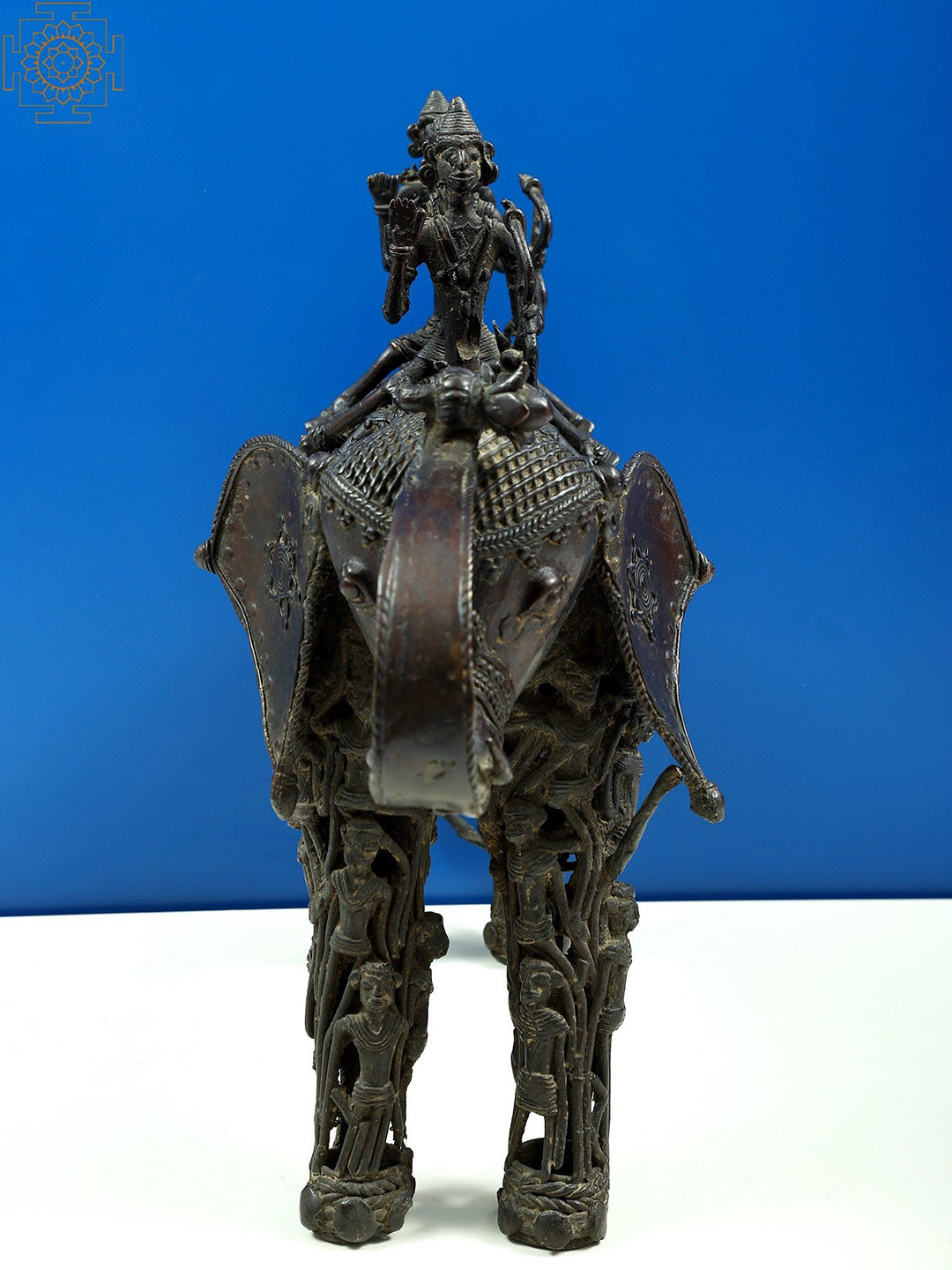 Exotic India Tribal Man Seated On Elephant Black Brass Metallic Living Room Large Showpiece - 18.5 Inches