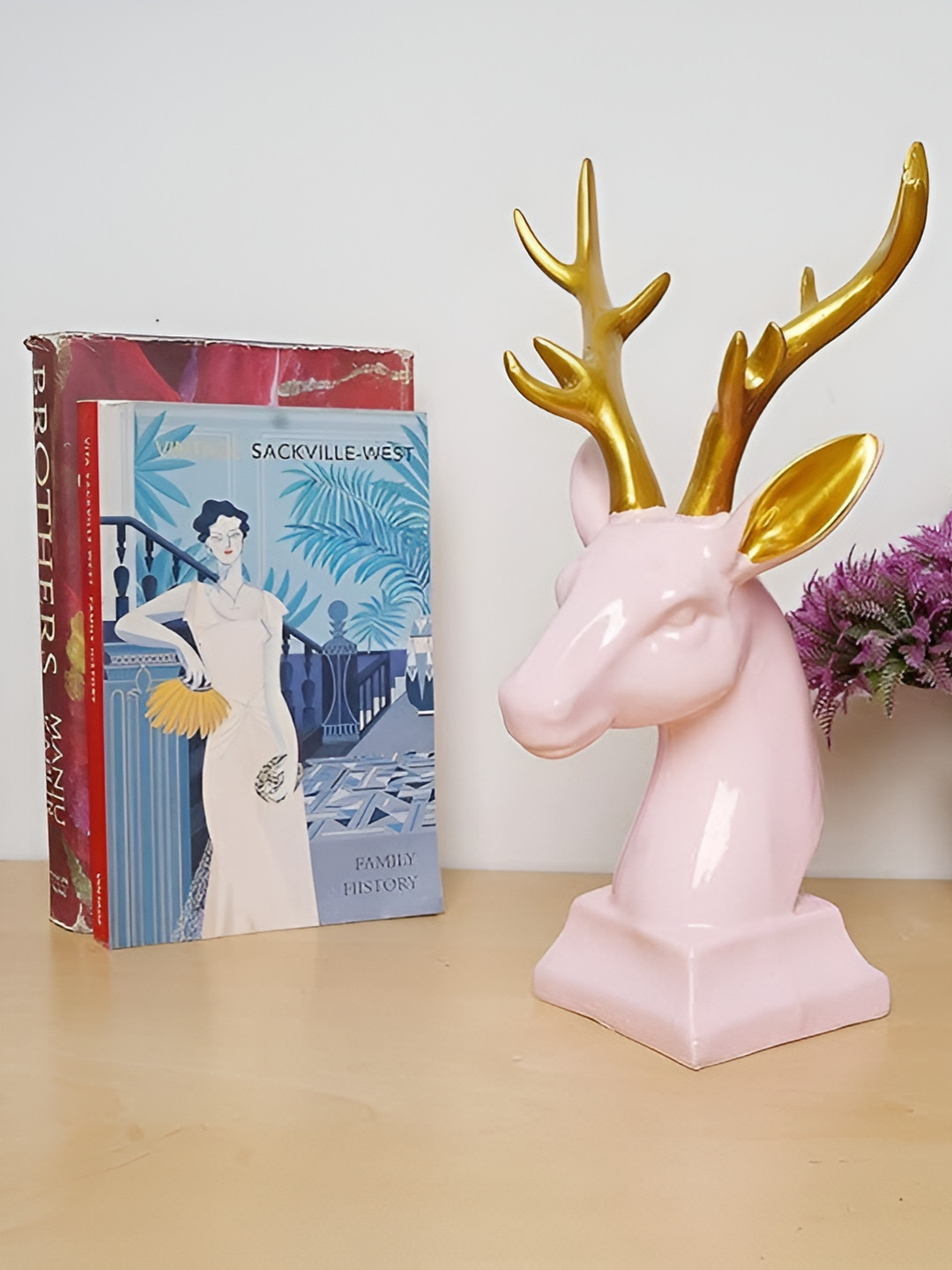 Zart Deer Head Pink Polyresin Natural Living Room Medium Showpiece - 11 Inches