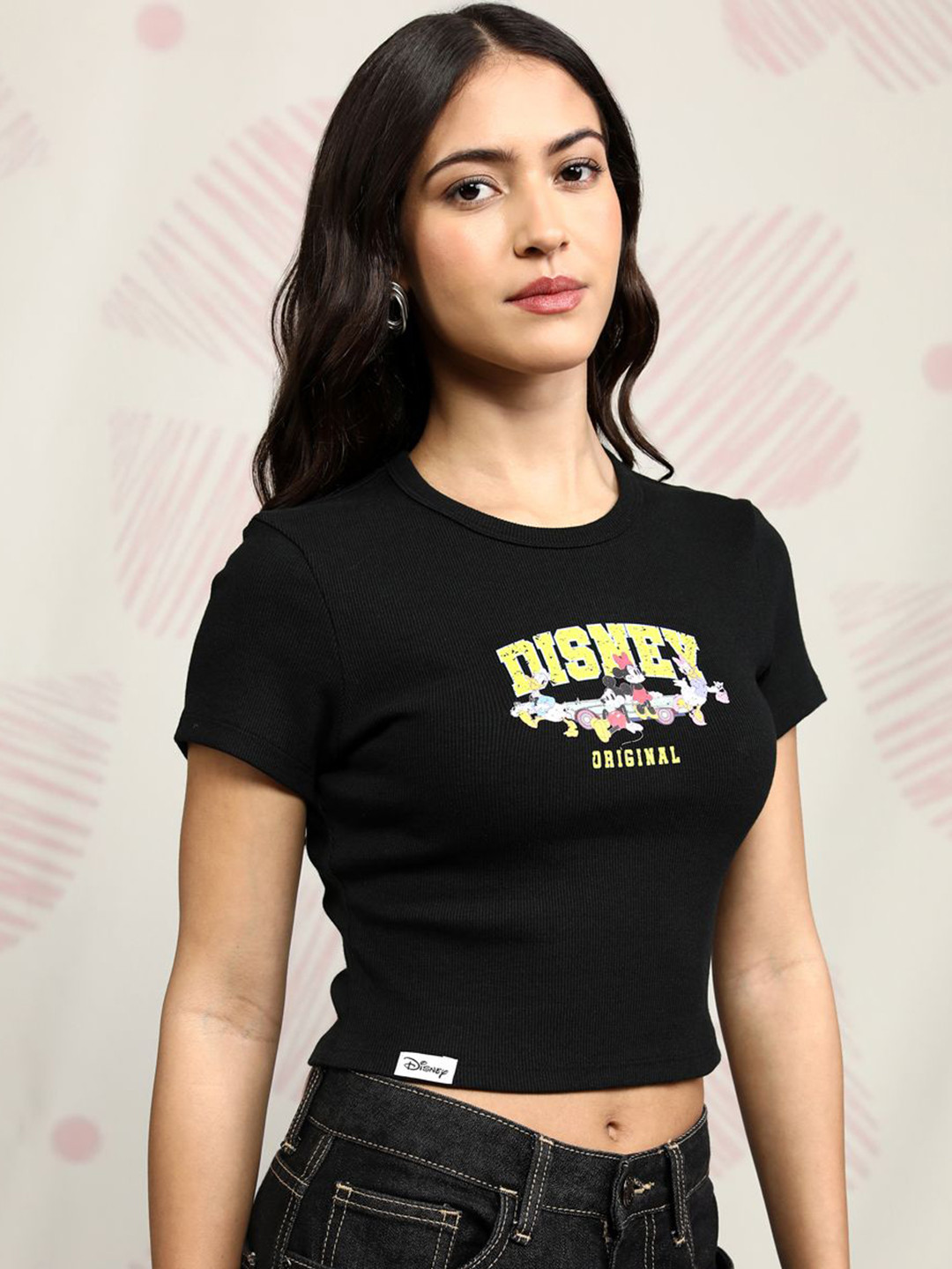 Tokyo Talkies Disney Mickey & Friends Women Black Printed Crop Tshirt