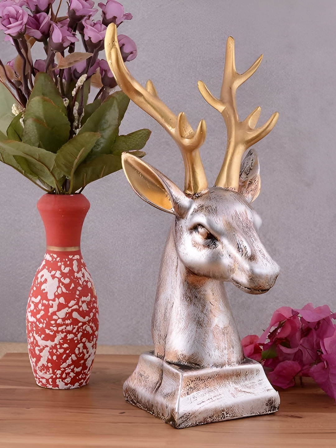 Zart Deer Head Copper Polyresin Natural Living Room Medium Showpiece - 14 Inches