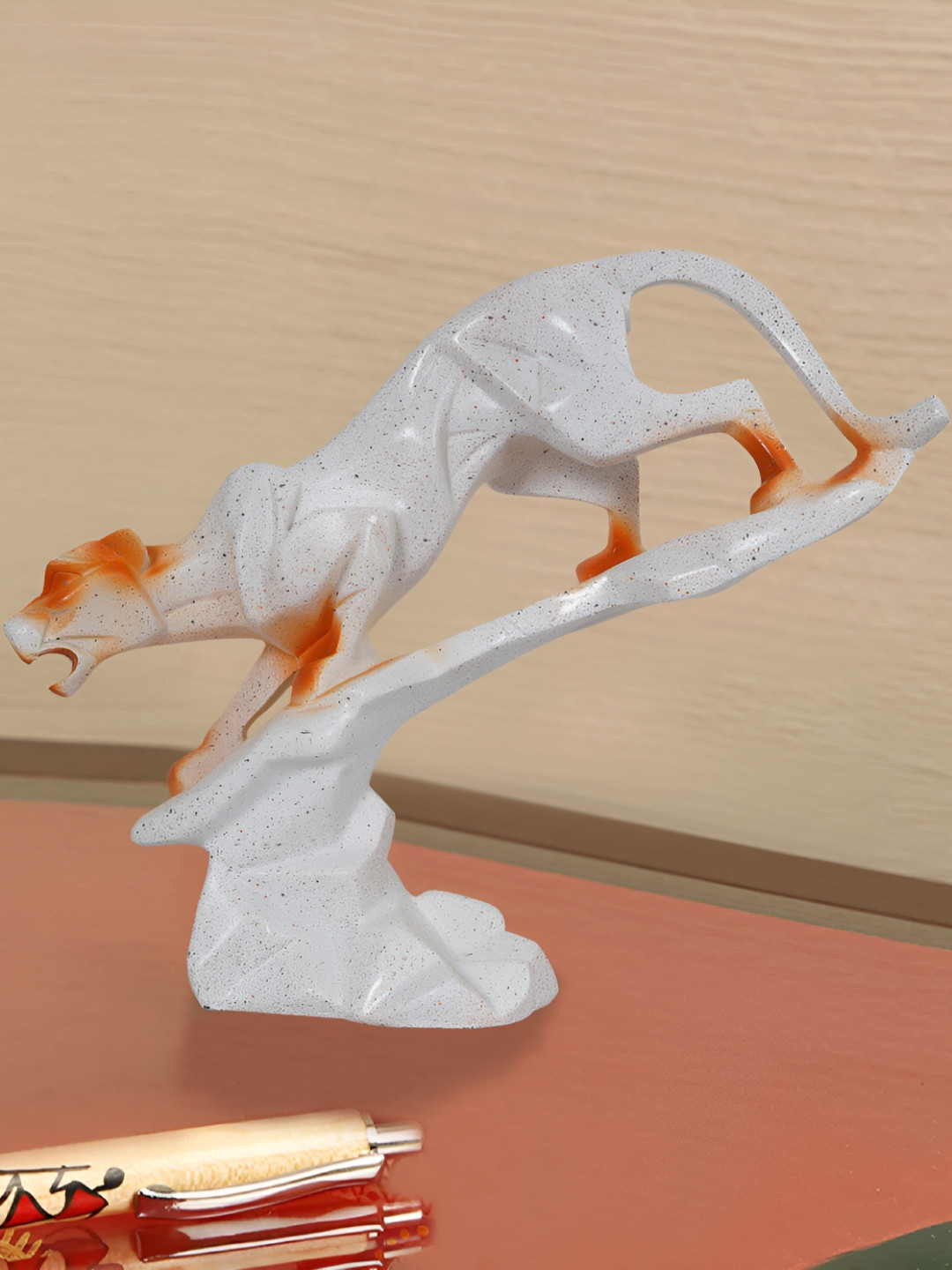 Zart Panther White Polyresin Glossy Home Office Medium Showpiece - 8 Inches