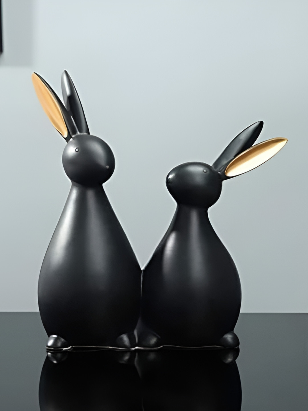 Zart Rabbit Cute Pair Black Polyresin Glossy Living Room Medium Showpiece - 8.1 Inches