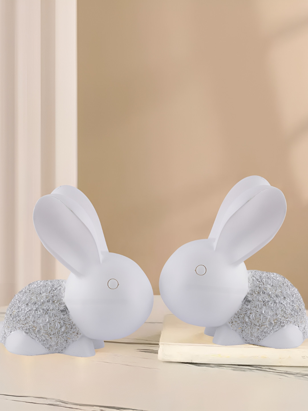 Zart Sitting Bunny Rabbit White Polyresin Glossy Living Room Set of 2 Medium Showpieces - 6 Inches