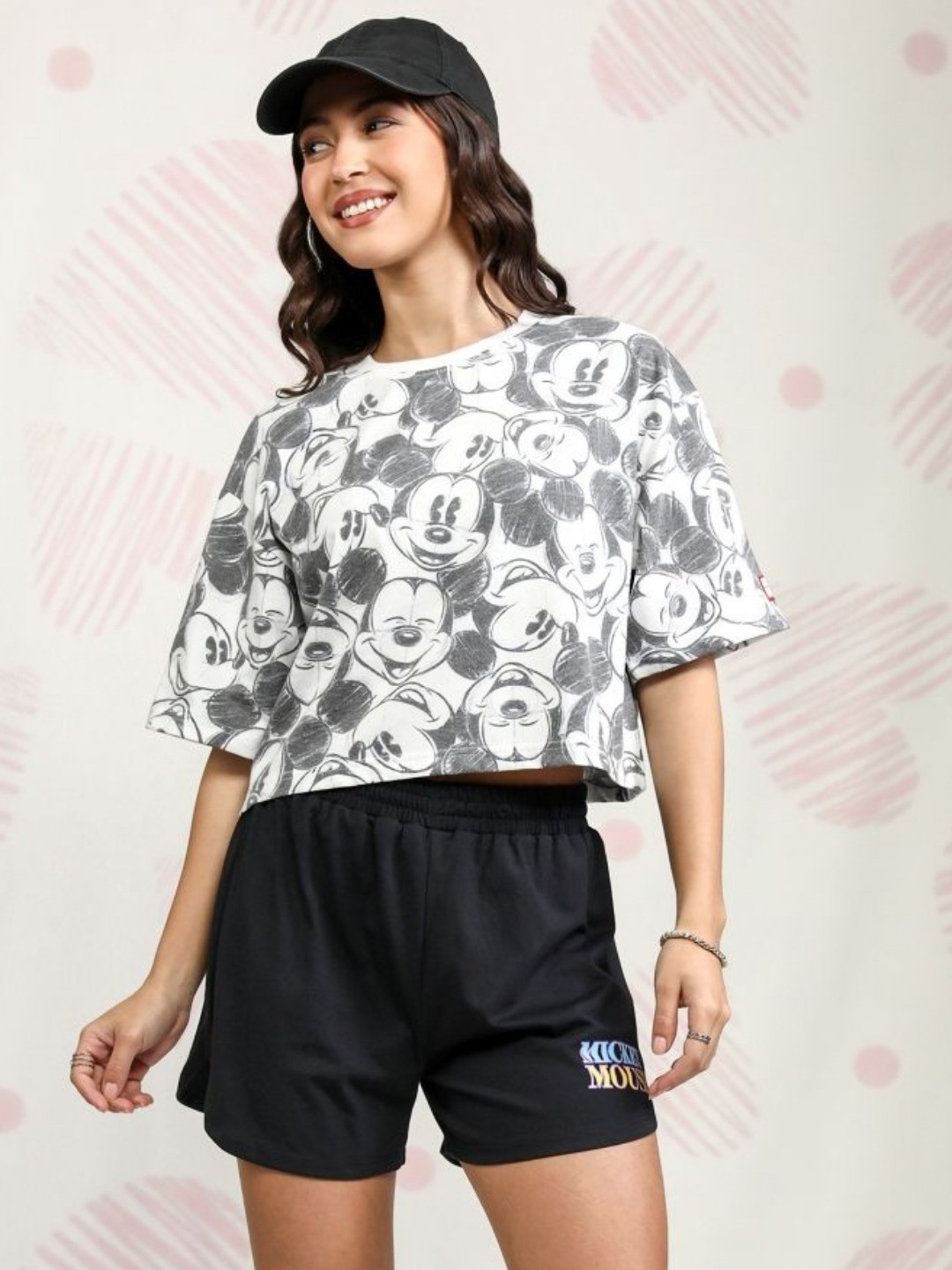 Tokyo Talkies Disney Mickey Mouse Women Black Printed Boxy Crop Tshirt