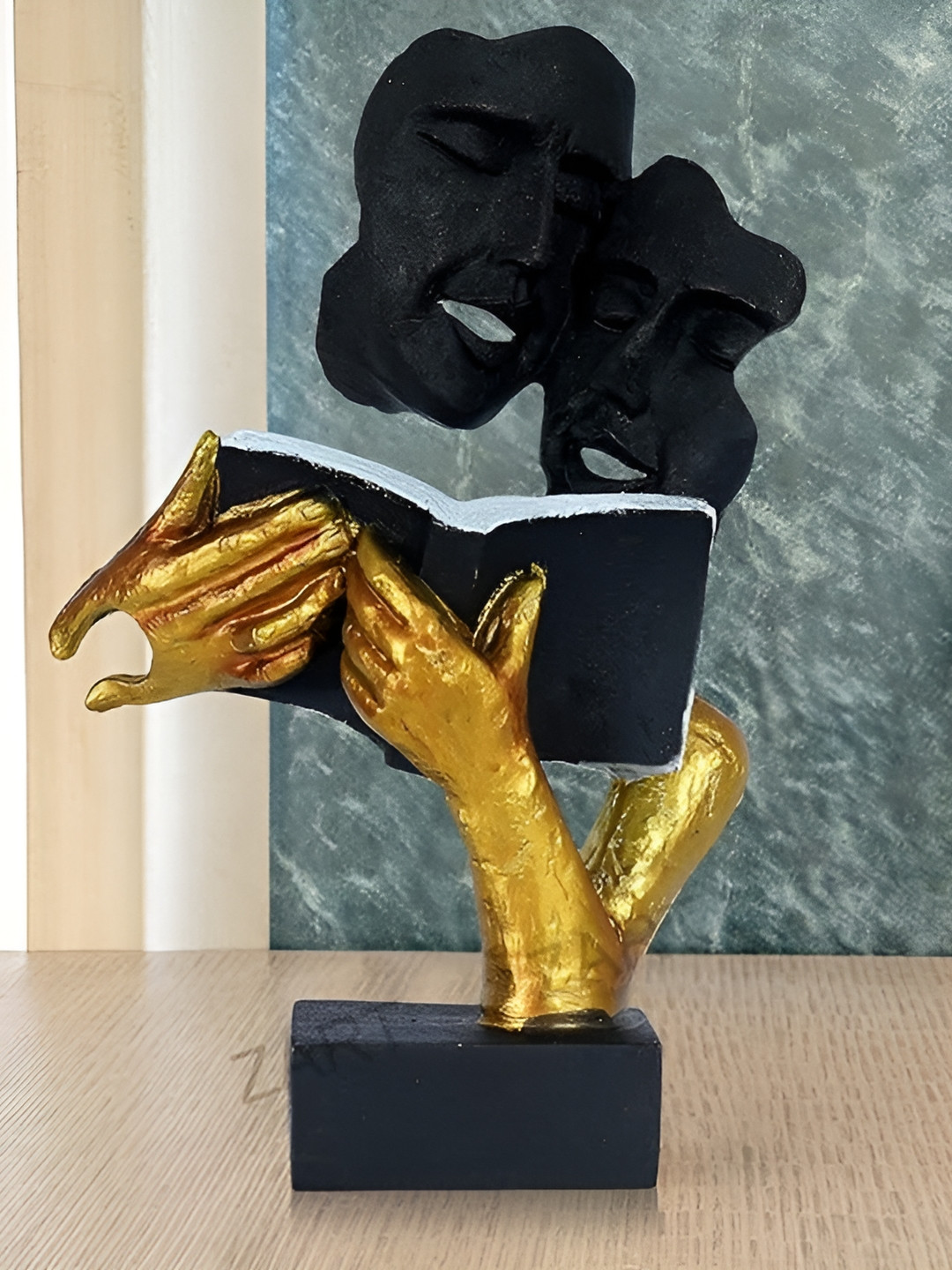 Zart Book Reading Face Black Polyresin Glossy Living Room Medium Showpiece - 13 Inches