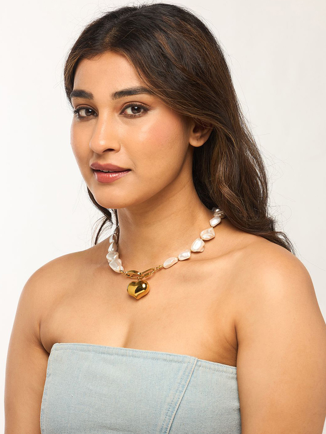 WHITE LIES Gold-Plated Stainless Steel Pearls Beaded Heart Shaped Pendant Necklace