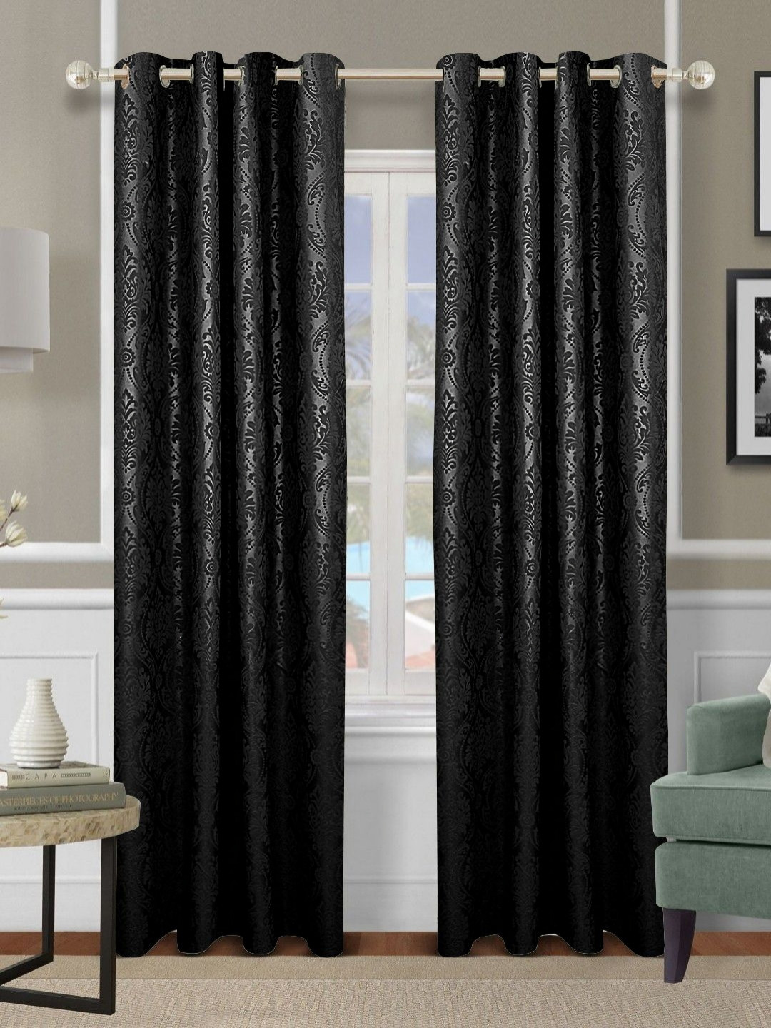 Cortina Black 2 Pieces Floral Printed Emboss Long Door Curtains
