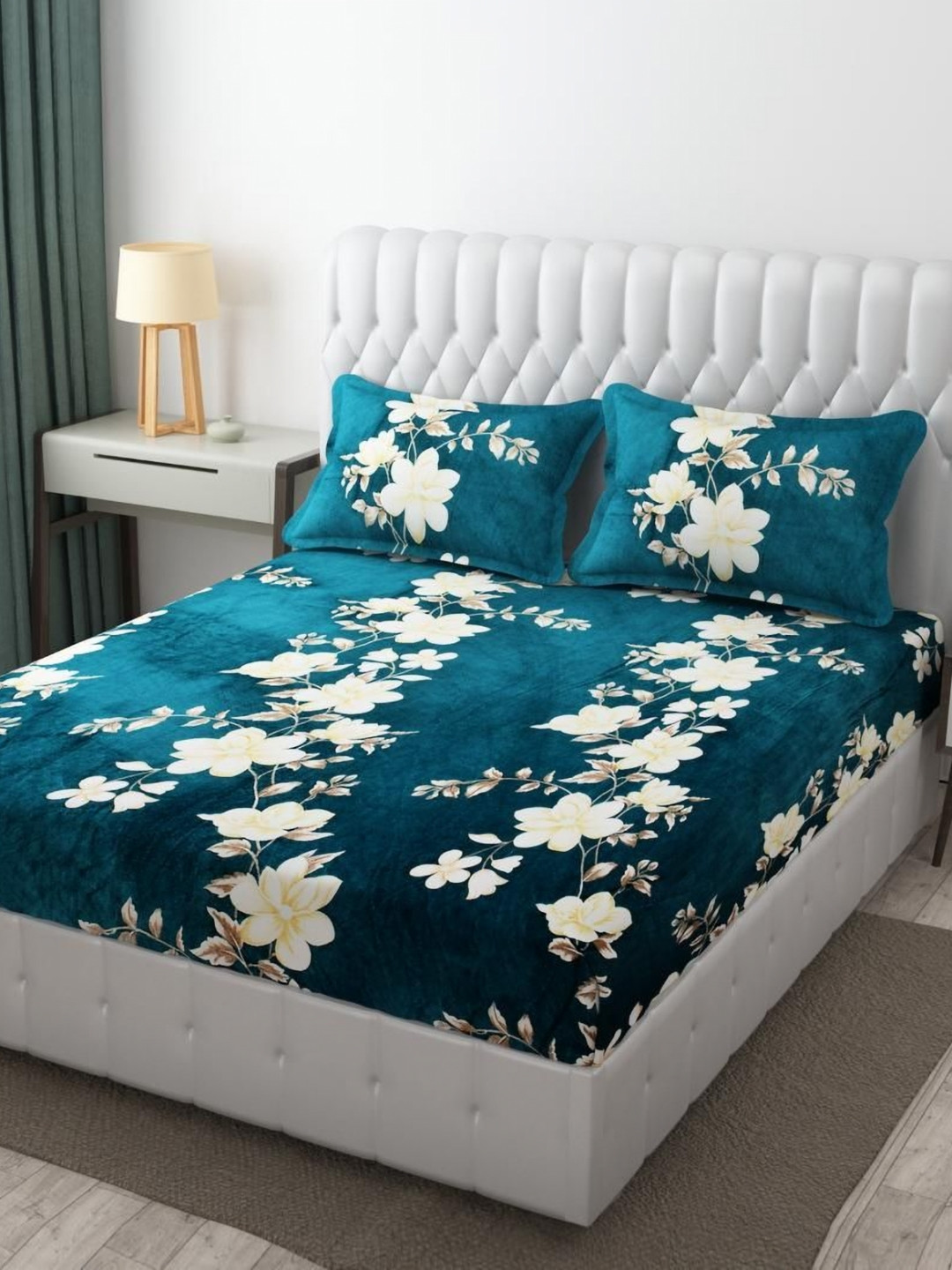 BLUEDOT Green 300 TC Woolen King Size Fitted Double Bedsheet & 2 Pillow Covers
