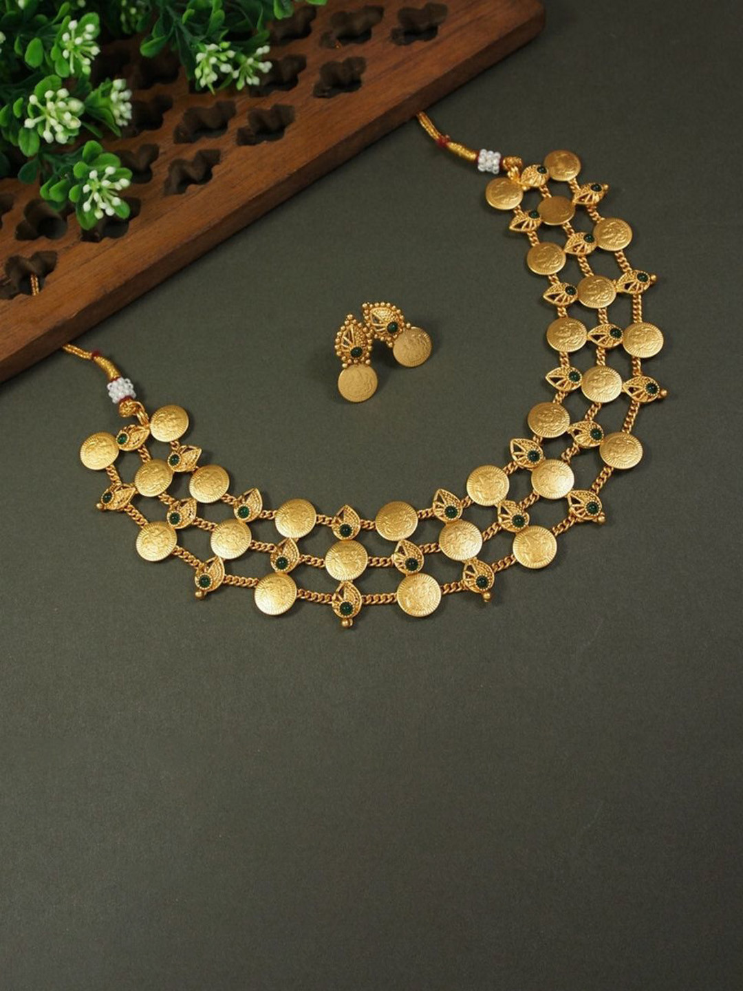 Gyaan Jewels Gold-Plated Stone Studded Ganesh Goddess Coins Jewellery Set