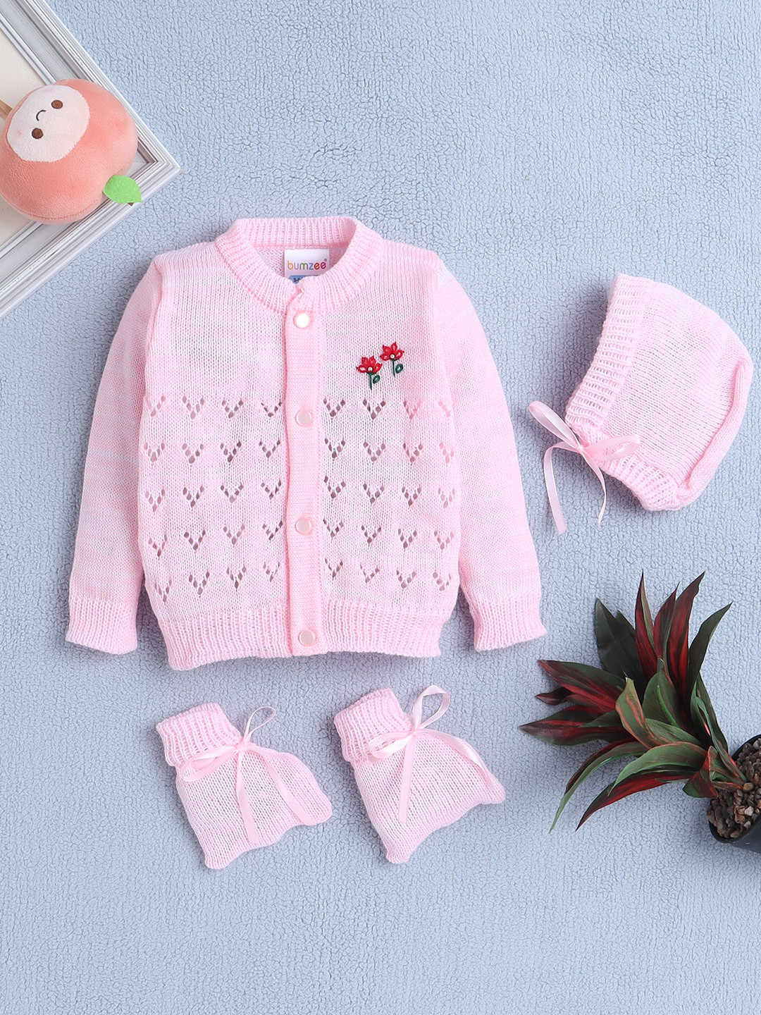 BUMZEE Girls Self Design Cardigan Sweaters With Cap & Socks