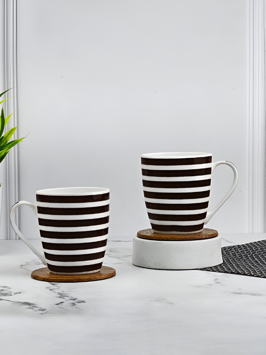 UPC Seaside Bloom 24K Gold Black Striped Ceramic Microwave Safe 2 Piece Mugs-260ml