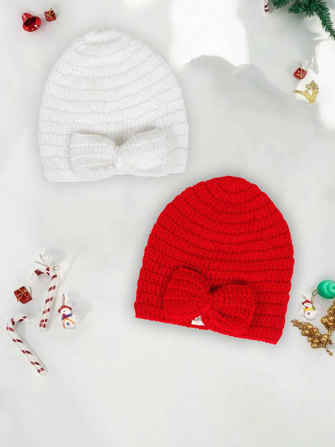 LITTLE GINNIE Kids Pack Of 2 Sung Fit Self Design Woollen Bow Beanie Caps