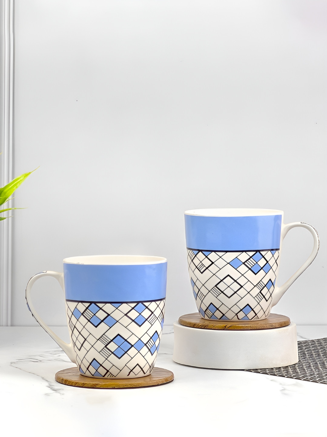 UPC White Geometric Ceramic Dishwasher Safe 2 Piece Mugs-260ml