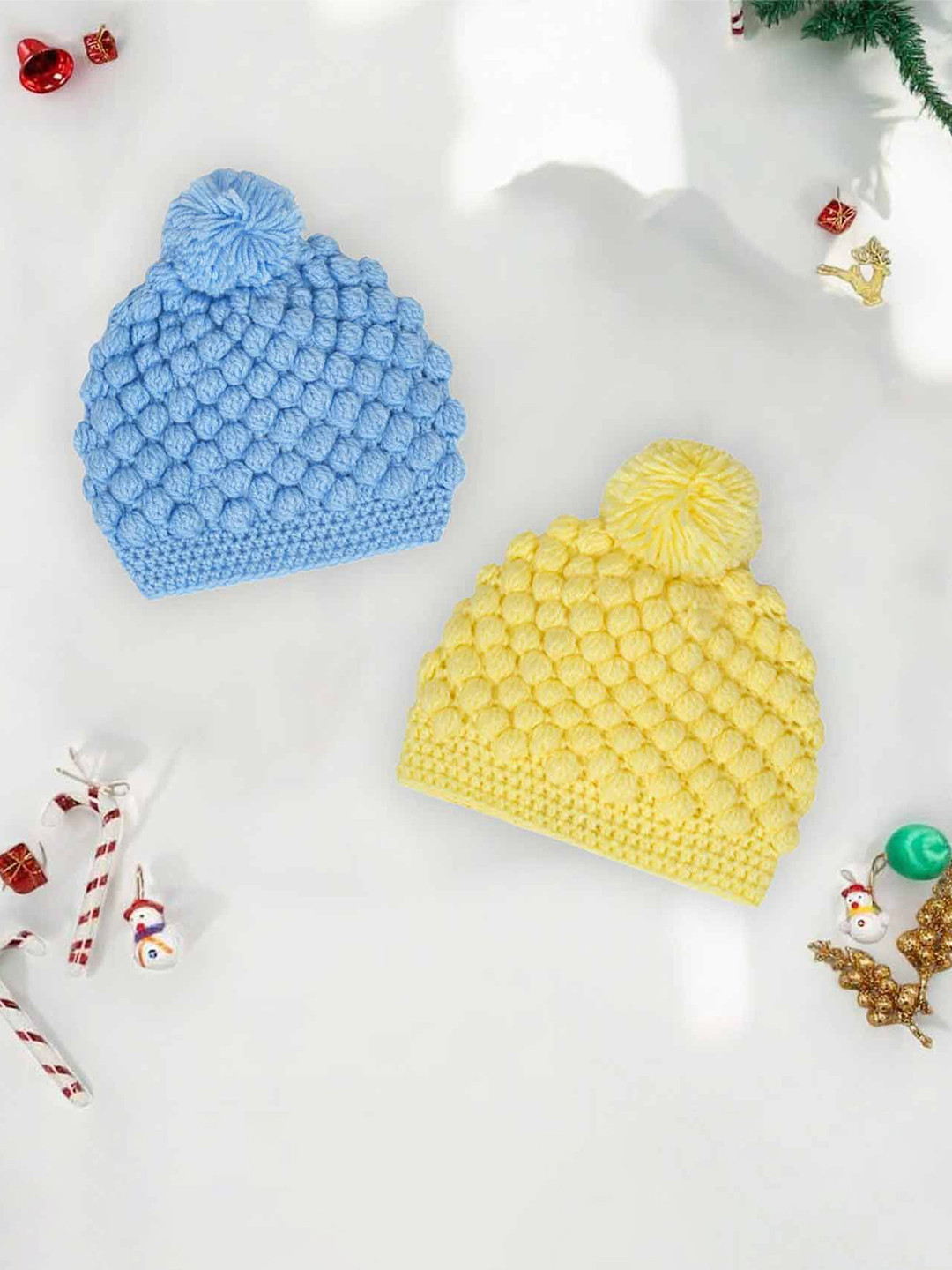 LITTLE GINNIE Kids Pack Of 2 Sung Fit Self Design Woollen Beanie Caps