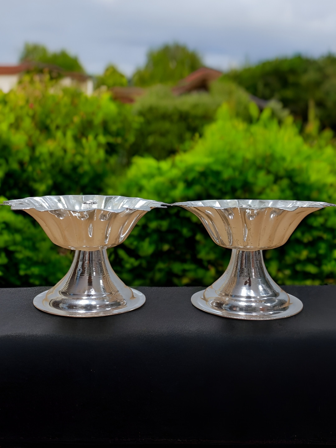 Sigaram Silvertoned 2 Pcs Glossy Brass Flower Diyas