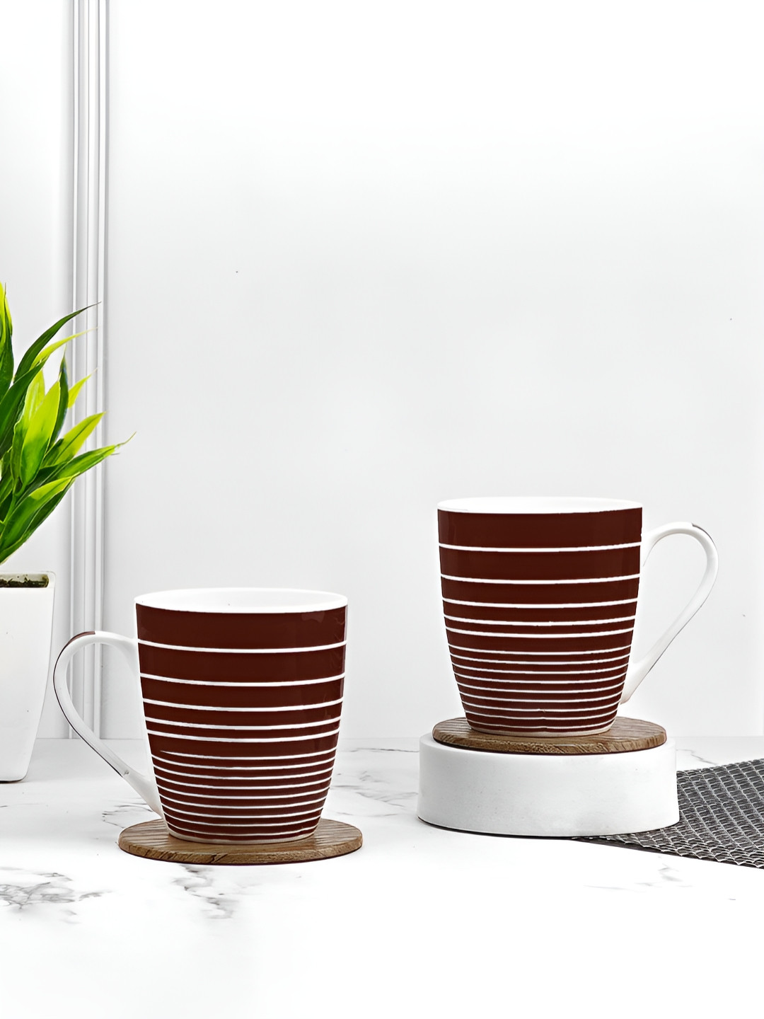 UPC Queen White Striped Ceramic Handmade 2 Piece Mugs-260ml