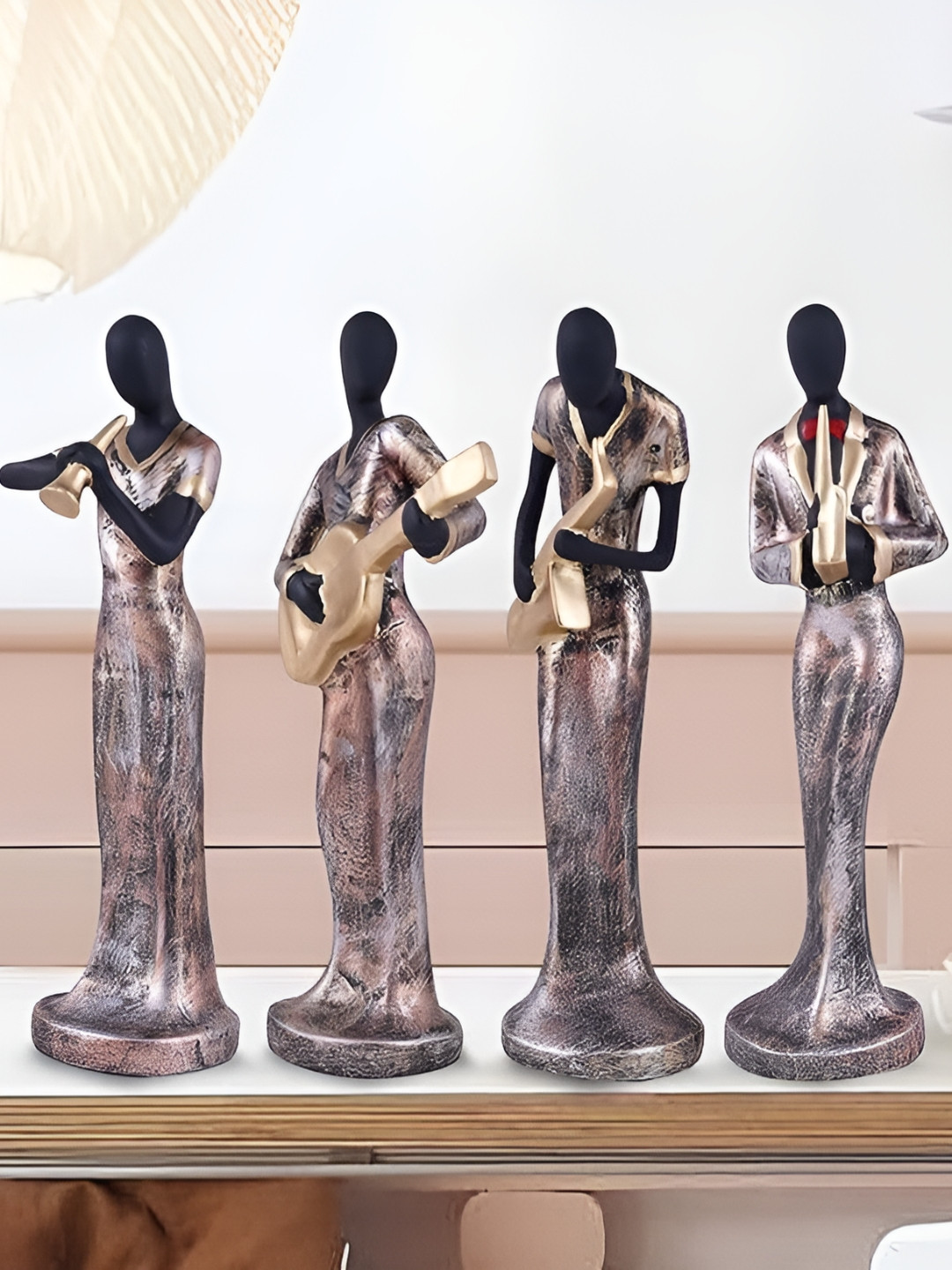 Zart Lady Hand Musical instrument Copper Polyresin Living Room Set of 4 Medium Showpieces - 13 Inches