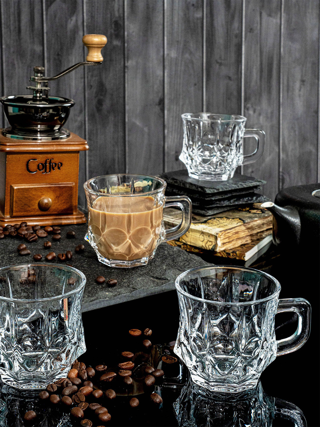 GOODHOMES Transparent 6 Pieces Textured Glass Coffee Mug- 155ml Each
