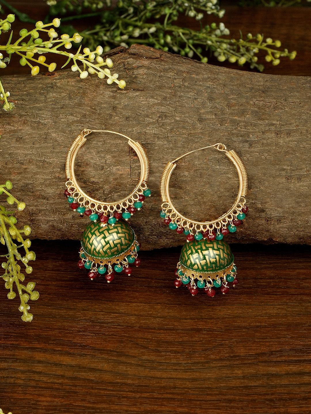 Anouk Mint Gold-Plated Kundan Studded Dome Shaped Meenakari Jhumkas