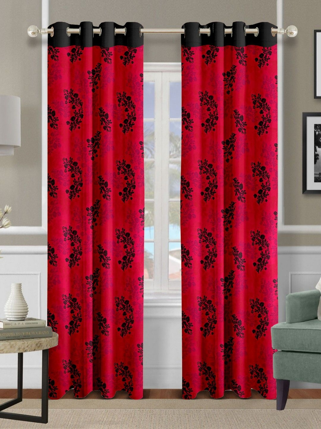 Cortina Red & Black 2 Pieces Floral Printed Emboss Long Door Curtains
