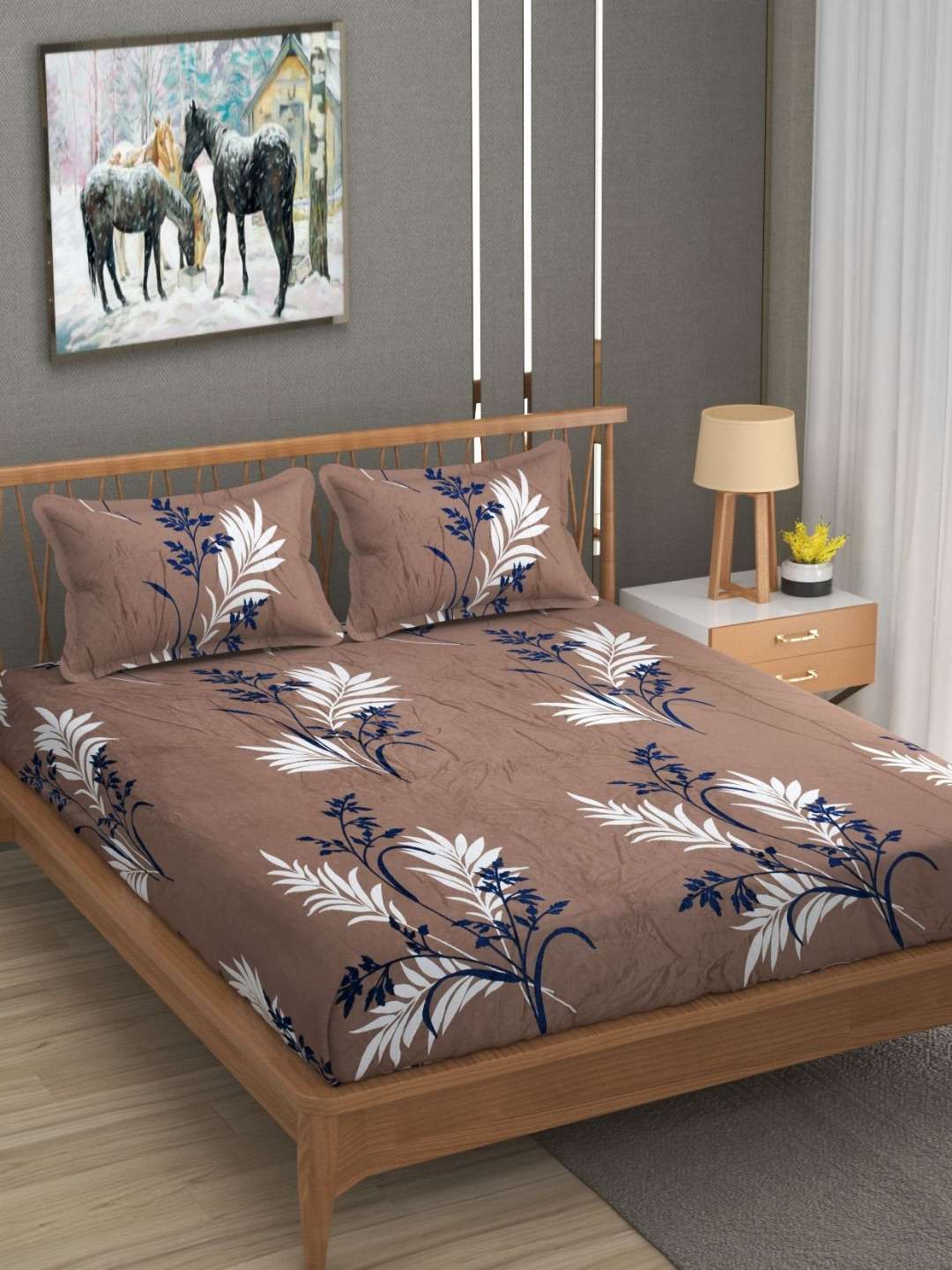 BLUEDOT Brown 300 TC Woolen King Size Fitted Double Bedsheet & 2 Pillow Covers