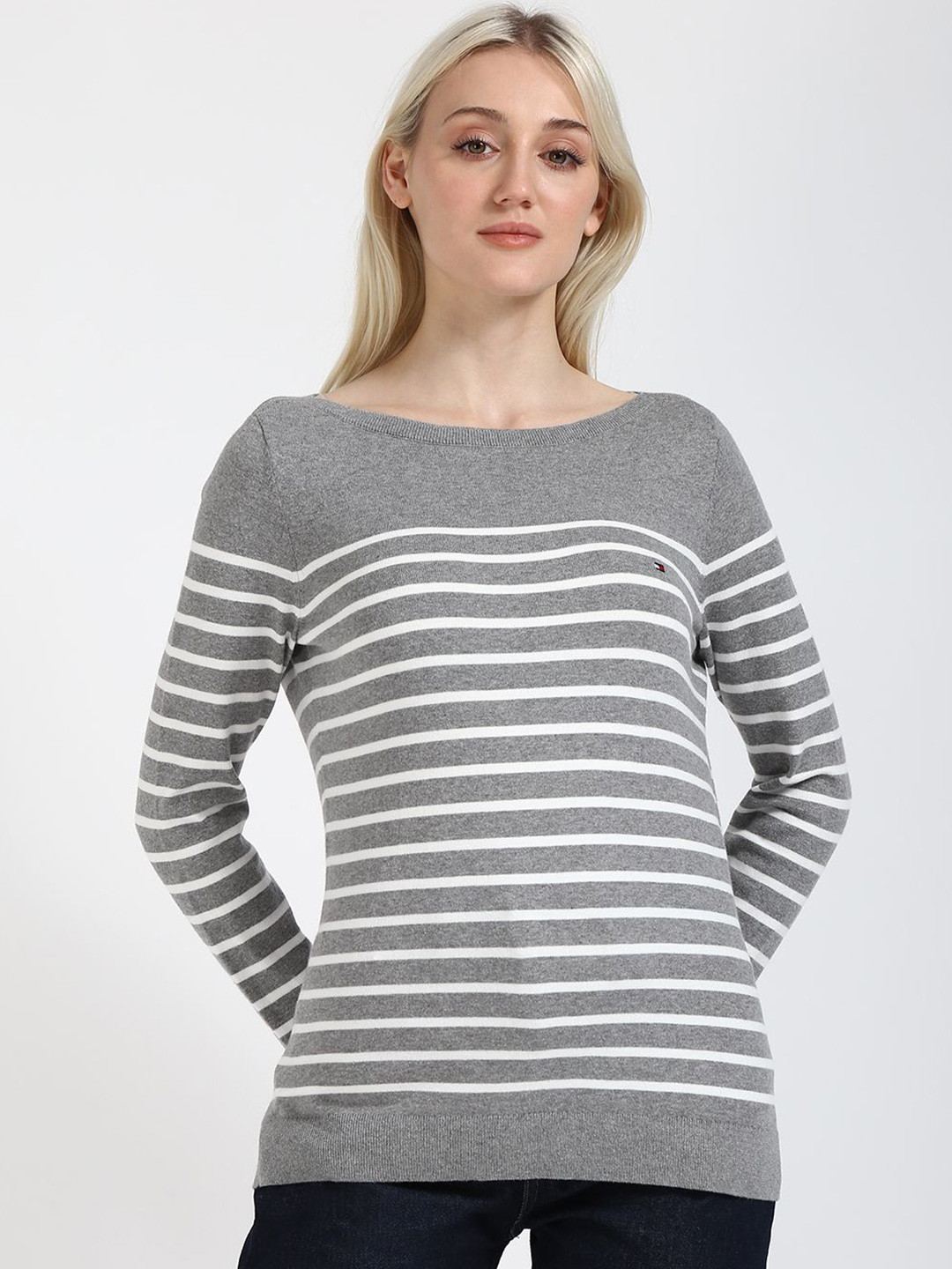 Tommy Hilfiger Women Boat Neck Striped Cotton Pullover