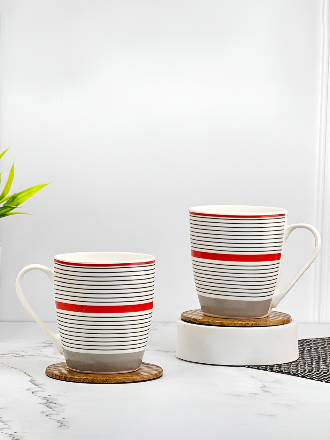 UPC Panther Design White Striped Ceramic Microwave Safe 2 Piece Mugs-260ml