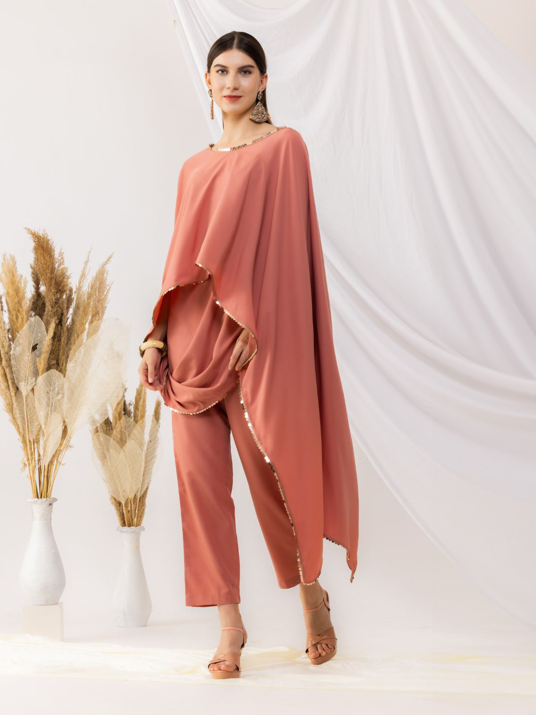 KOVET Round Neck Cape Top With Trousers