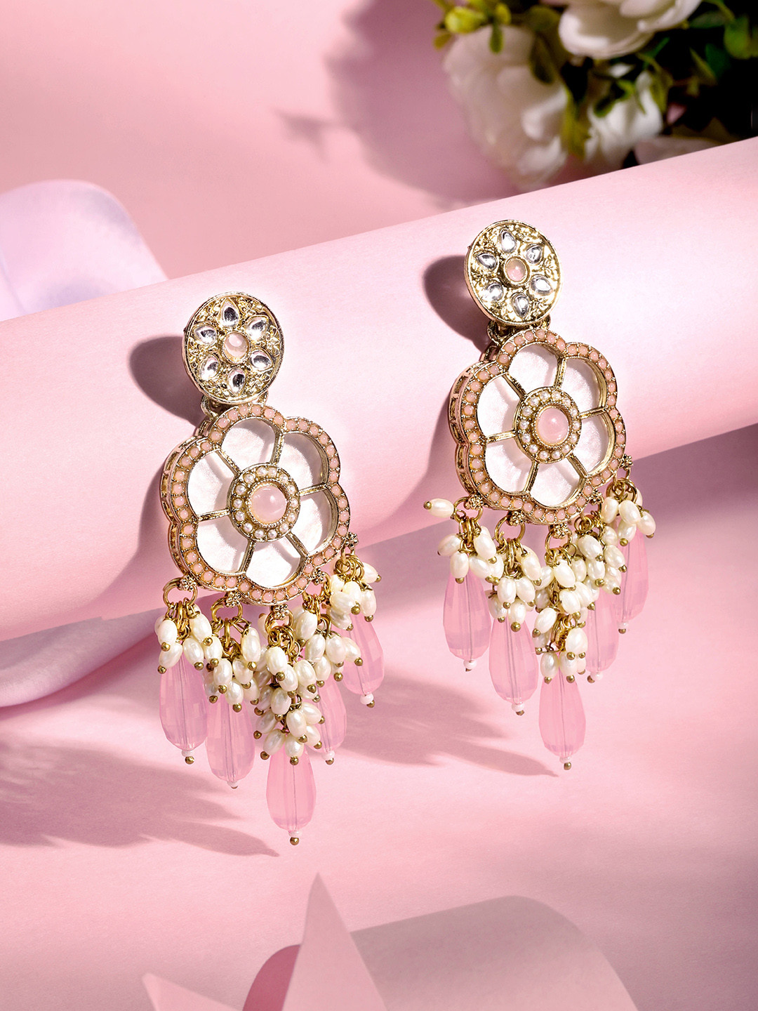 ASMITTA JEWELLERY 18K Gold-Plated Stone Studded Floral Drop Earrings